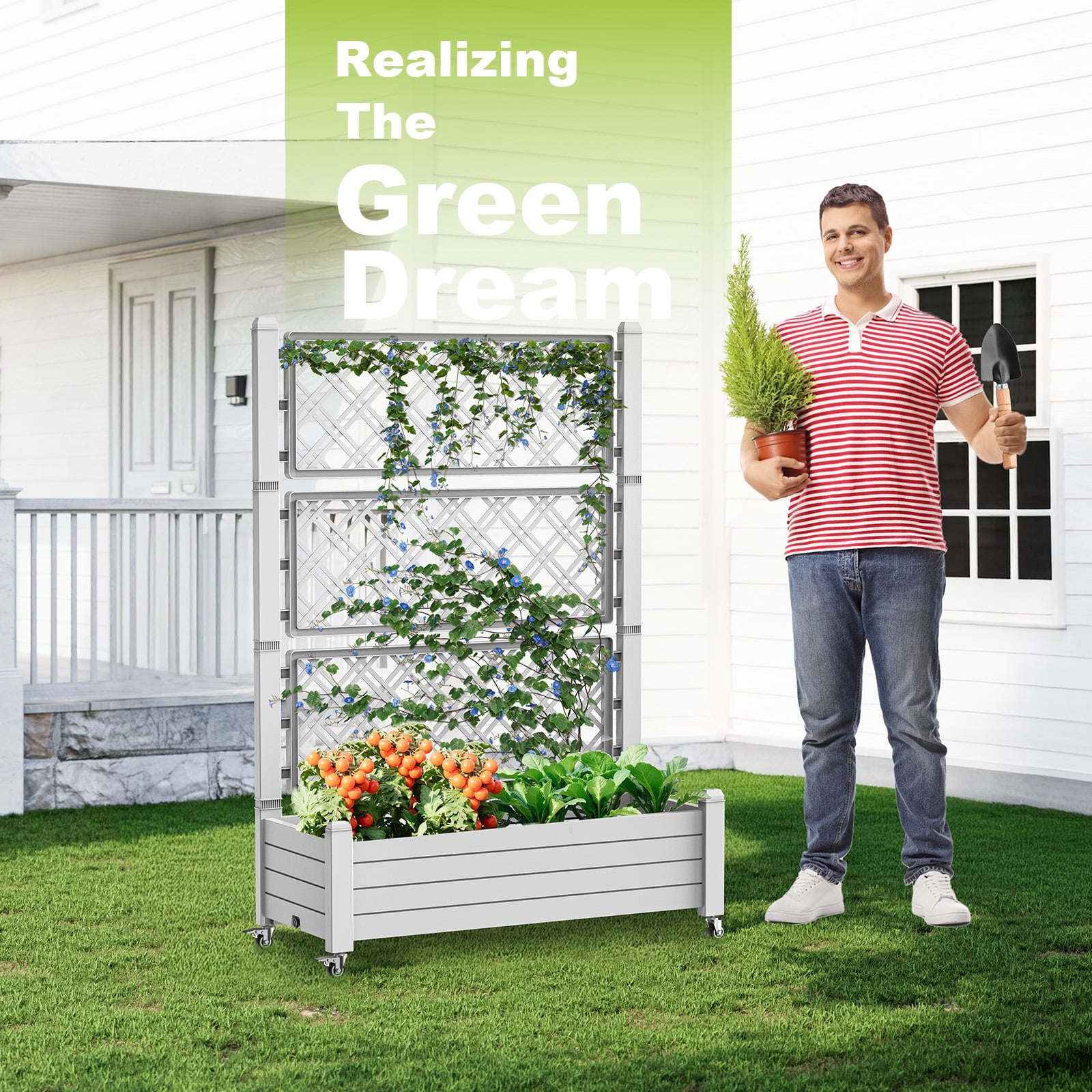 Joxxoaa Raised Garden Bed with Trellis, Large Outdoor Planter Trellis Box with Drainage Holes and Wheels for Climbing Plants.(Ashen）