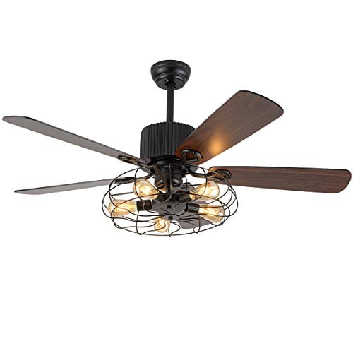 Retro Industrial Ceiling Fan Light 52 Inch 5-Lights E27 Fixture for Restaurant Living Room Bedroom Create Iron Cage Rustic Style (52" Retro Industrial) (Retro Industria Cage)
