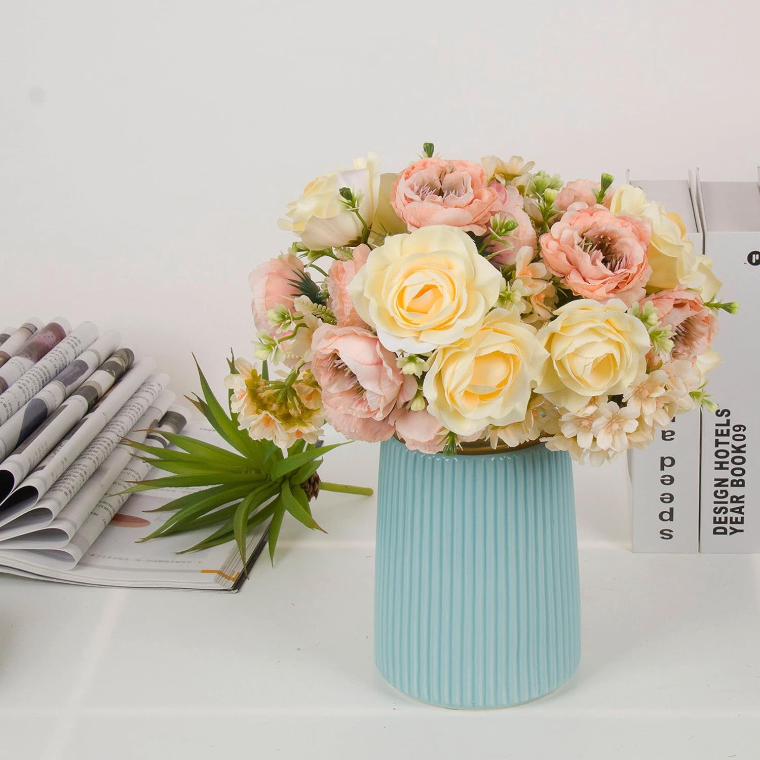 2pcs Artificial Flower Bouquets,12 Inch Wedding Bouquet for Bridesmaid, Tossing Bouquet for Bridal Shower Wedding Ceremony,White and Green