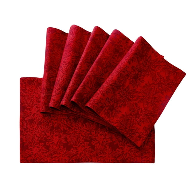 All Cotton and Linen Placemats Set of 6, Red Jacquard Washable