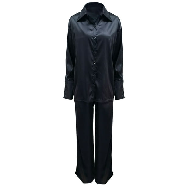Chemise Pantalon Large Ensemble de pantalons et chemises a boutons pour femmes Chemise decontractee en satin uni Pantalon a jambes larges Noir L Cgtredaw para Mujer Negro T S Walmart en linea
