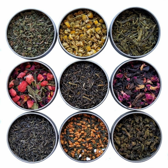 9 Flavor Variety Pack, Loose Leaf Tea Sampler Gift Set (Approx. 90 Cups of Tea) - High to No Caffeine, Great Hot or Iced, Assortment of Green, Herbal, Black, & White Teas