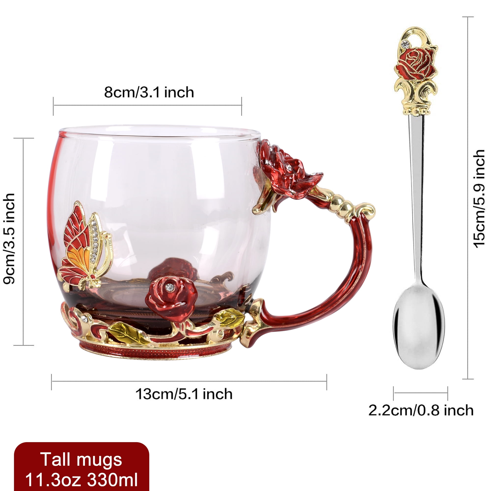 Glass Coffee Cup Tea Mug & Gifts with Spoon Set Handmade Enamel Butterfly Rose Flower for Mothers Day Gift, Women (2 Red Pack)