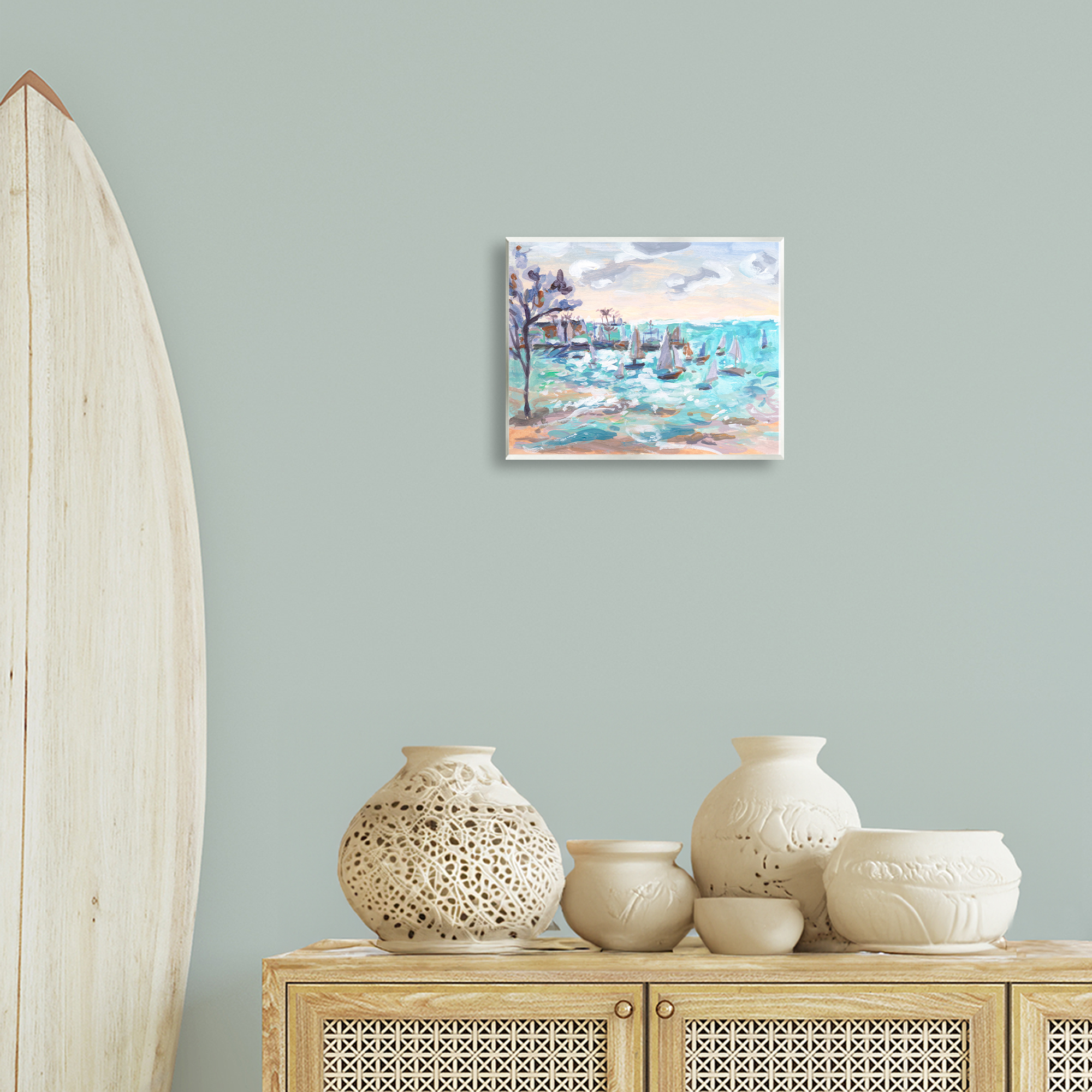 Stupell Industries Sailboat Fleet by Shore Nautical & Beach Painting Unframed Art Print Wall Art, 14 x 11