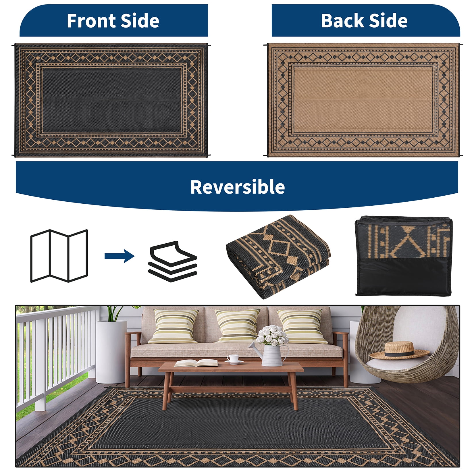 Garvee 9'x18' Outdoor Rug Modern Bordered Geometric Rug Waterproof Reversible Plastic Straw Rug for Patio Camping RV Balcony Backyard, Black Brown