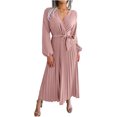 thumbnail image 2 of qafoshin Fall Pleated Dresses for Women V Neck Long Sleeve Midi Dress Waistband Classic Ruched Dress, 2 of 7