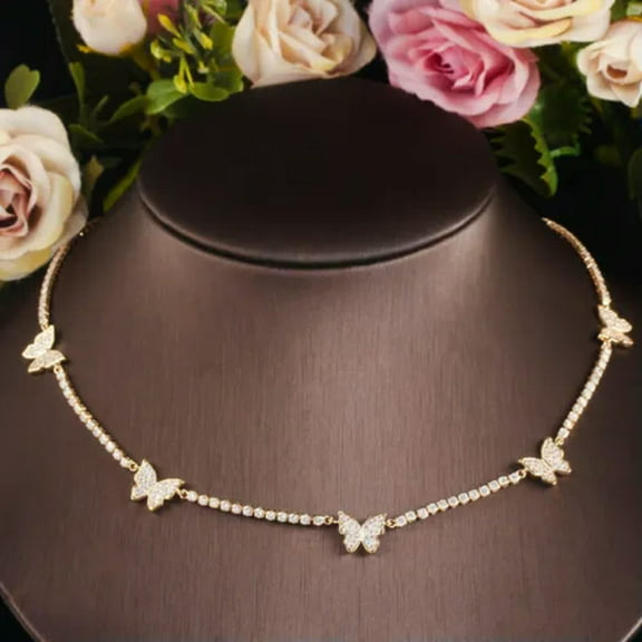 Yellow Gold Plated CZ Women Tennis Butterfly Connect Sweater Choker Necklace
