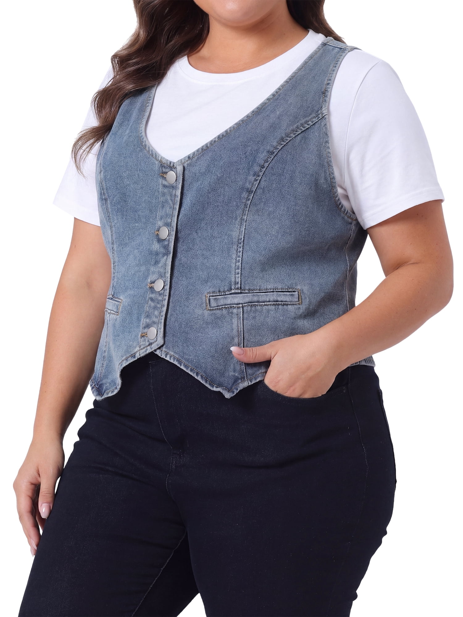 DARING DIVA Women's Plus Size Button Down V Neck Sleeveless Jean Waistcoat 4X Gray Blue