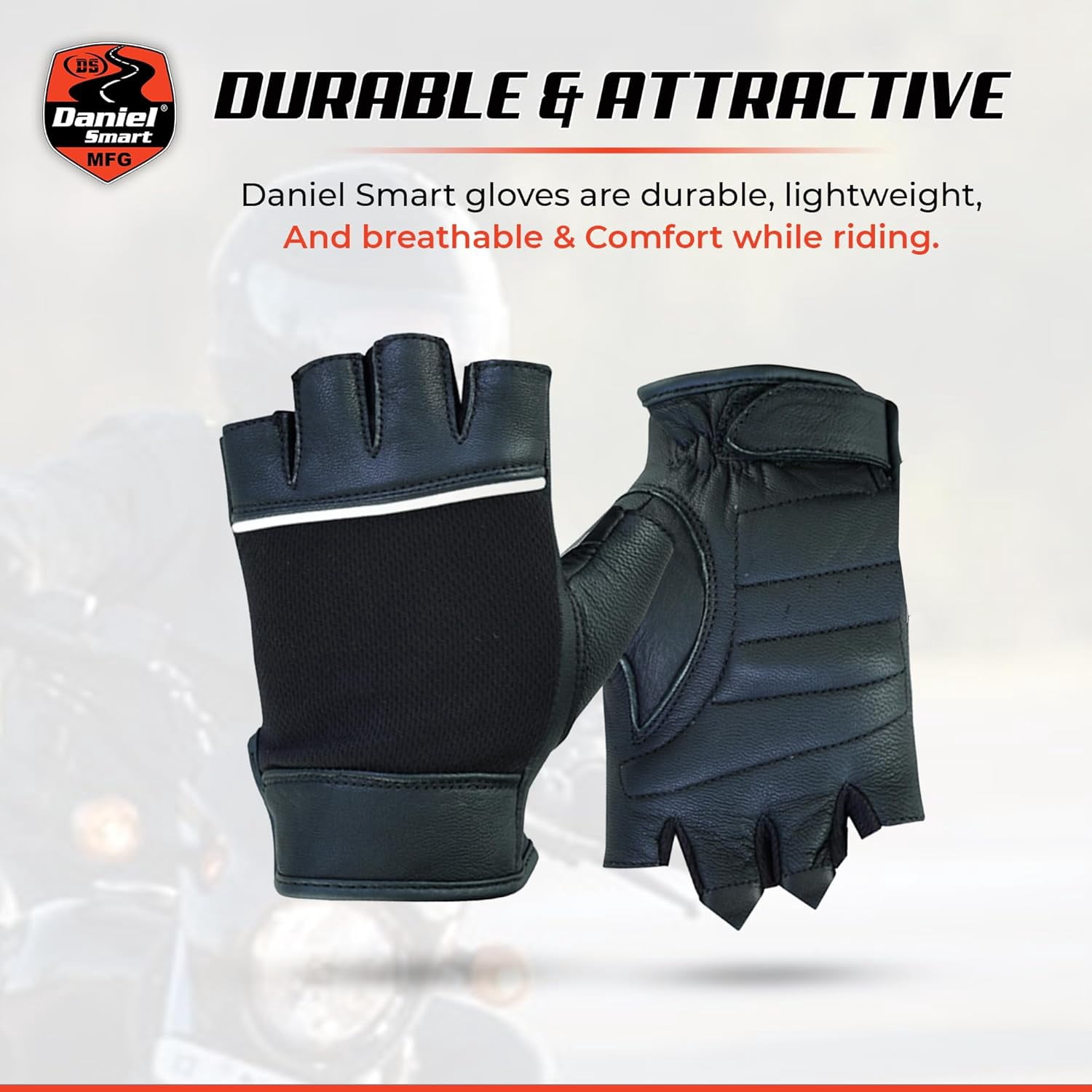 Daniel Smart Deerskin Leather Gloves–Fingerless Women Motorcycle Gloves with Gel Palm, Reflective Piping Design & Wrist Strap