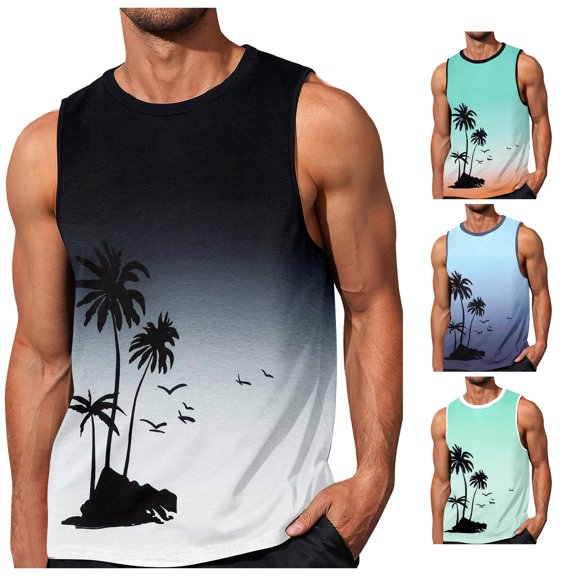 XIAONU Tree Print Sleeveless Tank Top for Men Gradient Color Beach Casual Muscle Shirt