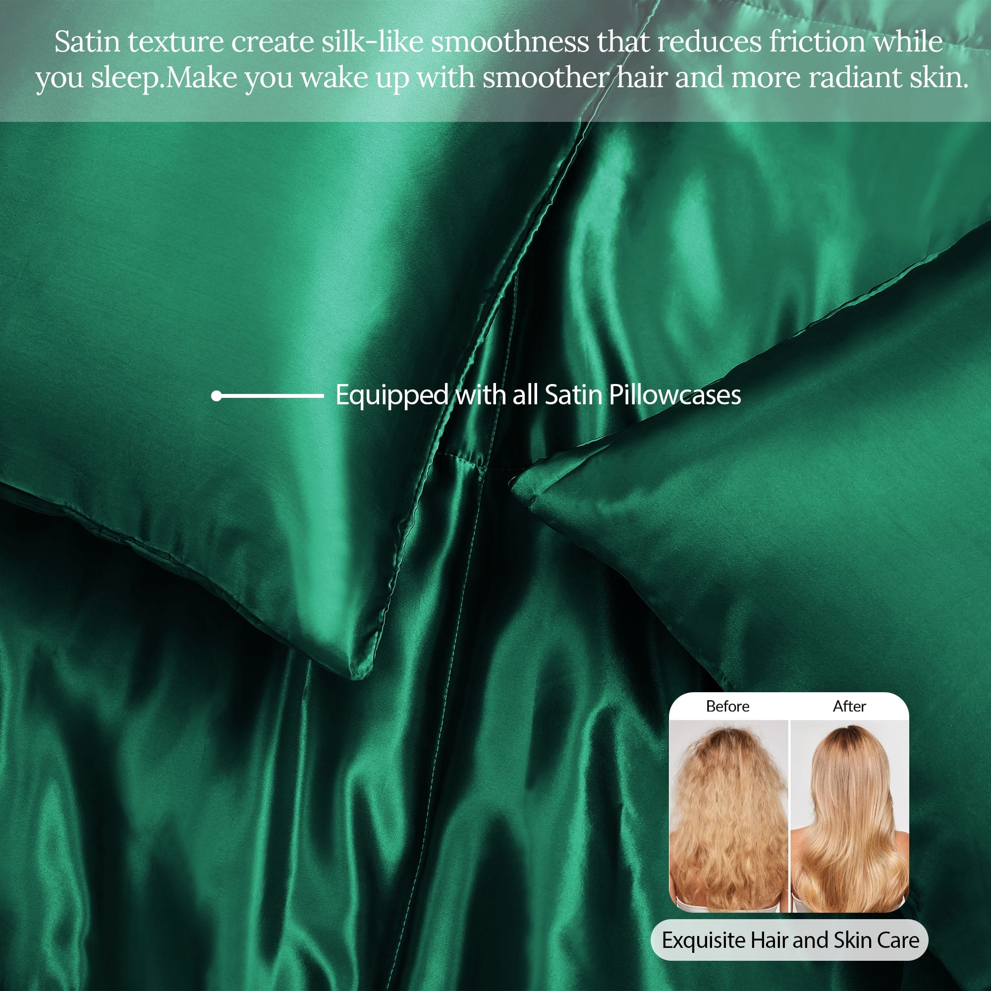 Whale Flotilla 3-Piece Reversible Silky Satin King Size Comforter Bedding Set, Lightweight Luxury Comforters with 2 Pillowcases All-Season, Deep Green