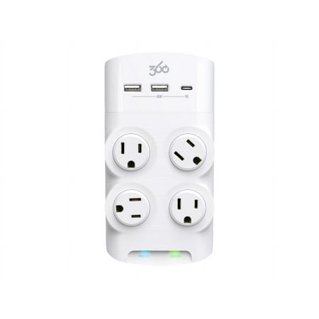 360 Electrical - Revolve45, 4 Rotating Outlets/2 USB-A and 1 USB-C 1080 Joules Surge Protector - White
