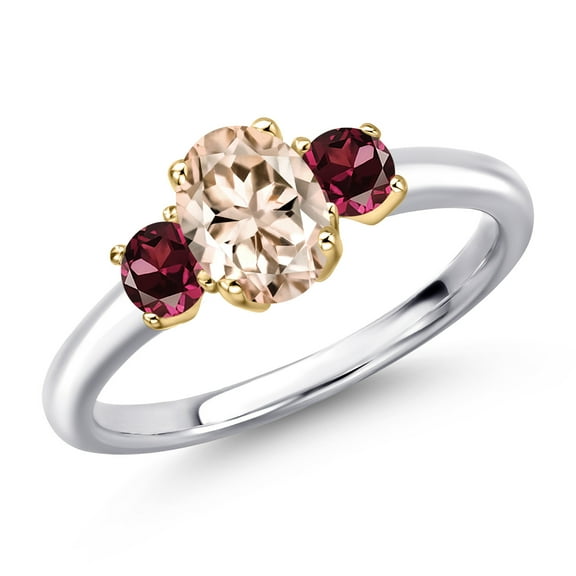 Gem Stone King 10K Two Tone Gold Peach Morganite and Red Rhodolite Garnet Engagement Ring for Women | 1.09 Cttw | Oval 7X5MM | Gemstone October Birthstone | Size 9