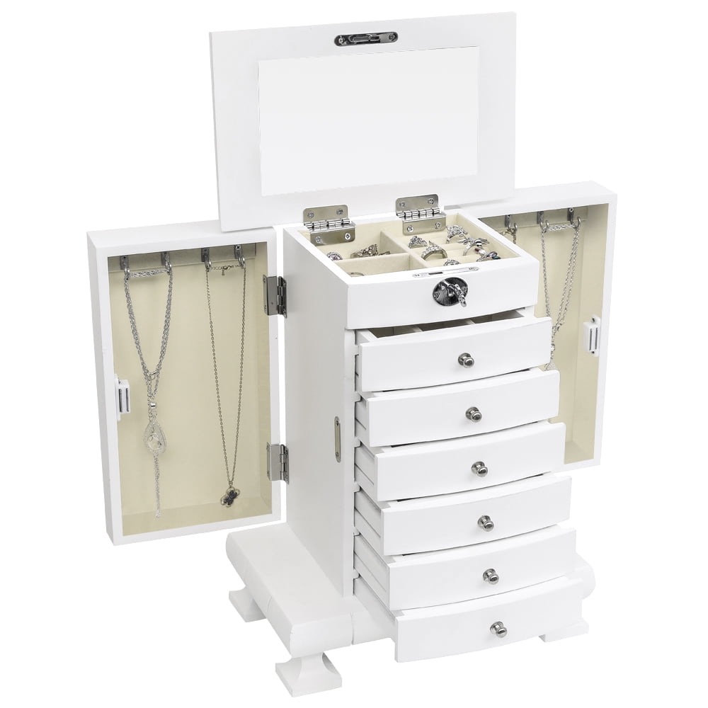 Kepooman 7 Layers Wooden Jewelry Box Case with Lock, Women' s Jewelry Display Storage Case Holder for Necklaces Rings Earrings Watches, White Kepooman 7 Layers Wooden Jewelry Box Case with Lock, Women' s Jewelry Display Storage Case Holder for Necklaces Rings Earrings Watches, White