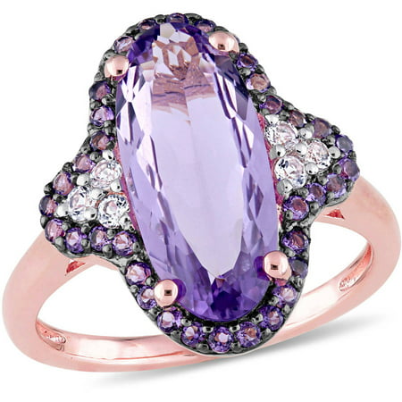 Tangelo 6-3/4 Carat T.G.W. Amethyst, African Amethyst and White Topaz Rose Rhodium-Plated Sterling Silver Halo Cocktail Ring