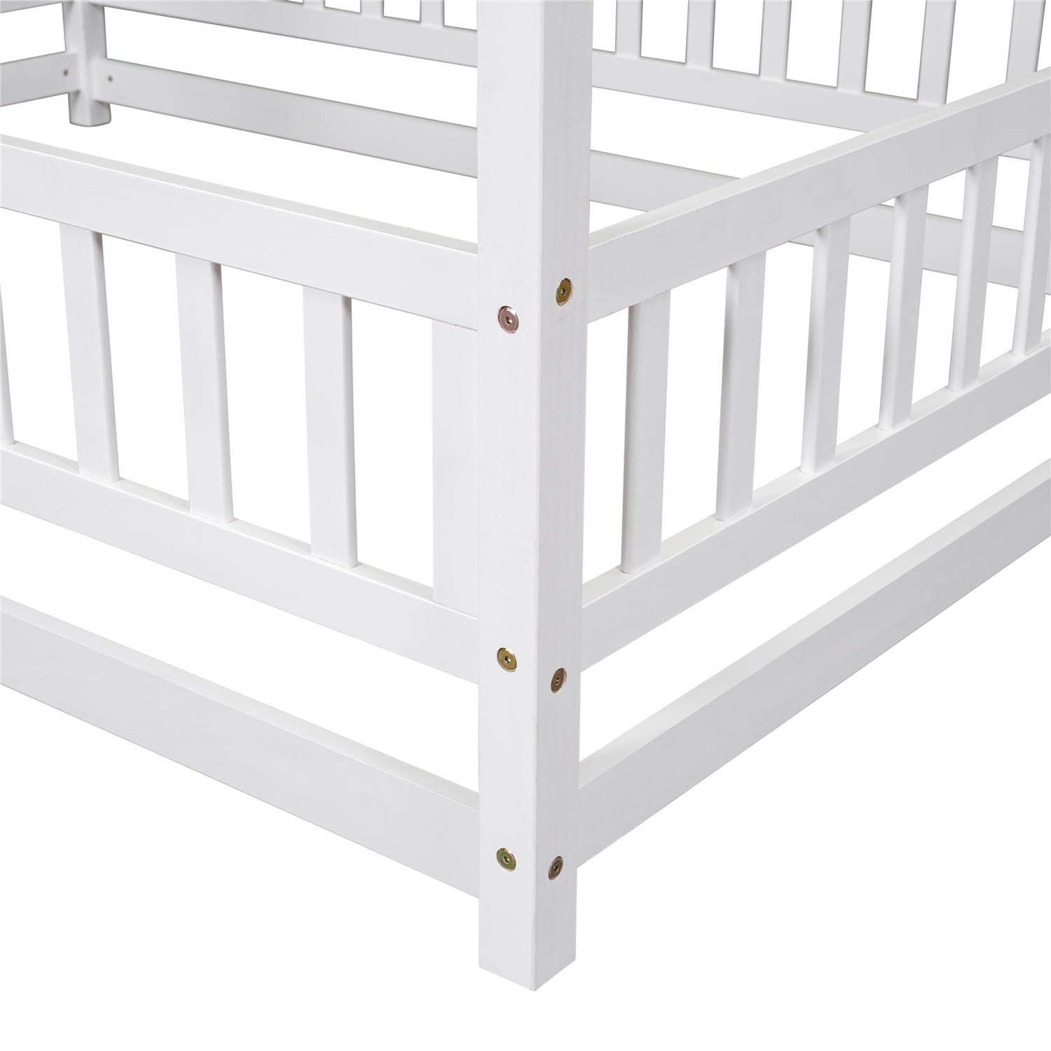 Full Size Floor Bed with Fence and Door, Wooden Low Floor Bed Frame with Safety Guardrails and House Roof Frame, Montessori Platform Beds for Kids, Boys, Girls, Mattress Not included, White