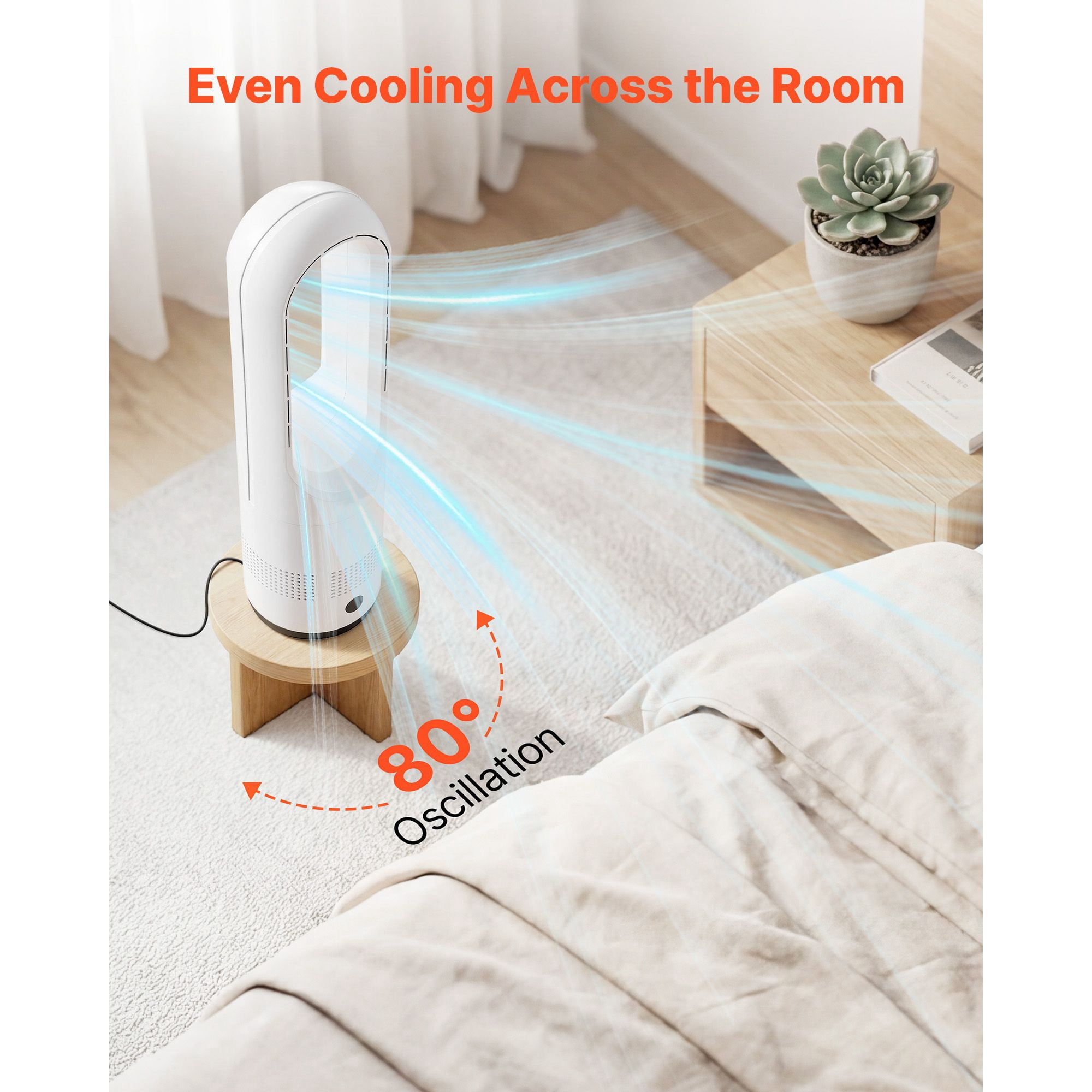 Tower Fan Bladeless 35dB 80° Oscillation 8 Speeds Sleep Mode with Remote for Bedroom Living Room