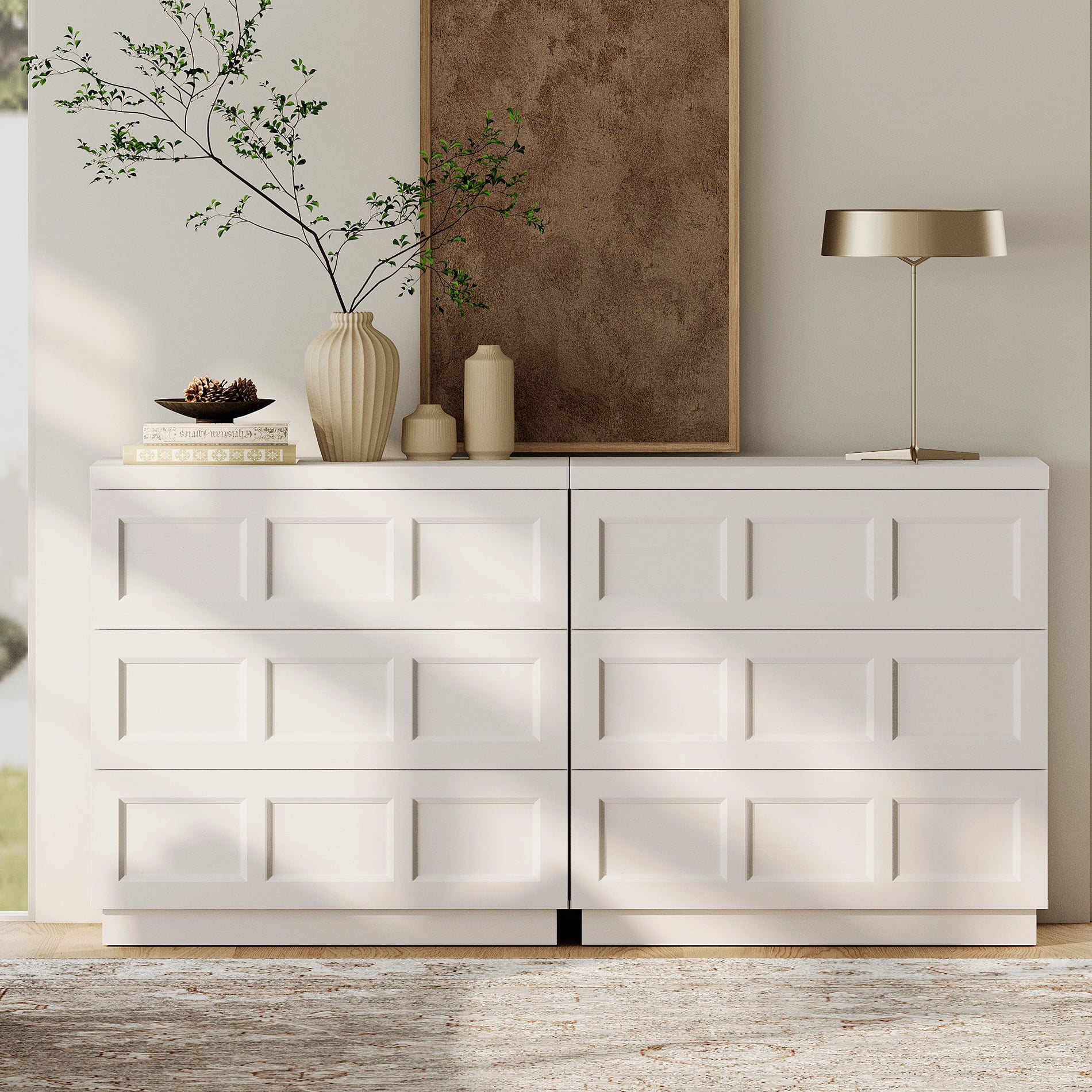 HOMOOI 6-Drawer Sideboard Cabinet, Boho 63" Thickened Wood Storage Buffet Console with Pop-Up Rebound Drawers, Smooth Silent Gliding Design, Anti-Wobble Stable Accent Cabinet for Dining Room,White