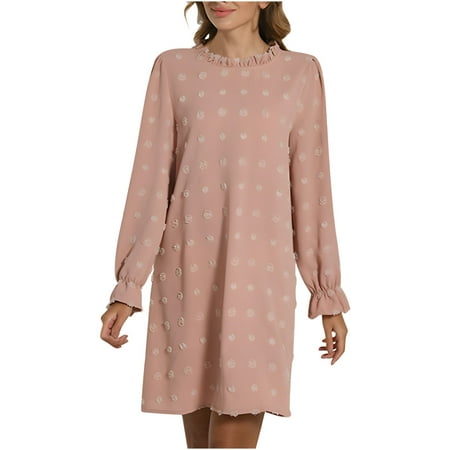 Ersazi Summer Outfits for Women on Clearance Women Casual Fashion Solid Bubble Embroidered Furball Loose Long Sleeve Round Neck Dress Pink M
