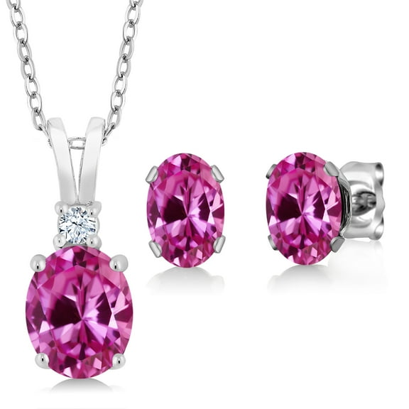 Gem Stone King 925 Sterling Silver Oval Pink Created Sapphire Pendant and Earrings Jewelry Set for Women 3.70 Cttw | Oval 8X6MM and 7X5MM | With 18 inch Chain