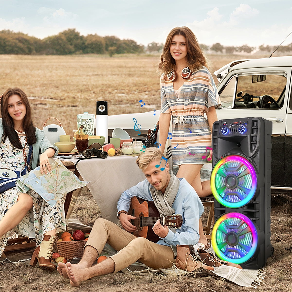 Lohoms Dual 12-in Woofer Bluetooth Speaker With Mic Portable Party PA Sound System RGB