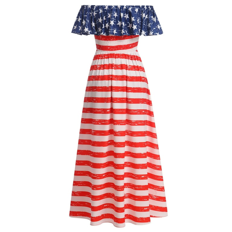 red white and blue off shoulder dress Idopip Mexican Print Dress for Women Off Shoulder Floral Long Maxi Dress M Blue & Red Striped, Women's, Size: Medium