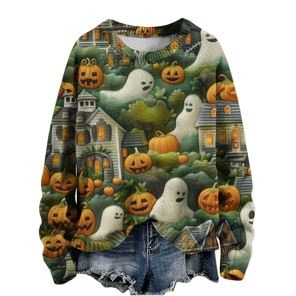 DianGeFu Womens Hoodies Pullover Graphic Halloween Fashion Round Neck Long Sleeve Pullover Tops Sweatshirts $10(Green,S)