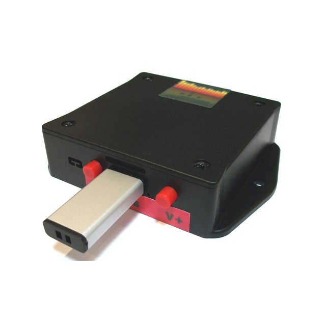 Image Audio SXP Message and Music On Hold Digital Player featuring a compact black ABS plastic enclosure with wall mount capability. The device includes a USB flash drive preloaded with over 50 MP3 audio files, an SD card slot, and dual output connectors (3.5mm and RCA jacks). Visible in the image are the USB drive inserted into the slot, red volume control knobs, and LED status lights. Designed for use with multi-line PBX and KSU phone systems, it offers continuous playback, customizable audio, and auto-start functionality after power outages.