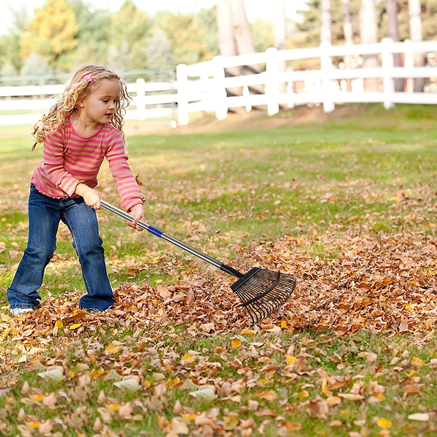 Garden Rake Leaf, 1.1" Diameter Pole & 6 FT Tall Stainless Steel Heavy Duty Adjustable Long Handle Garden Rake, Use for Yard Garden Lawn and Window Leaves（25 Tines）