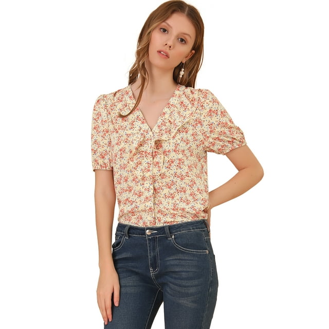 INSPIRE CHIC Women's Floral Print Rufle Button Up Puff Short Sleeves Blouse Top