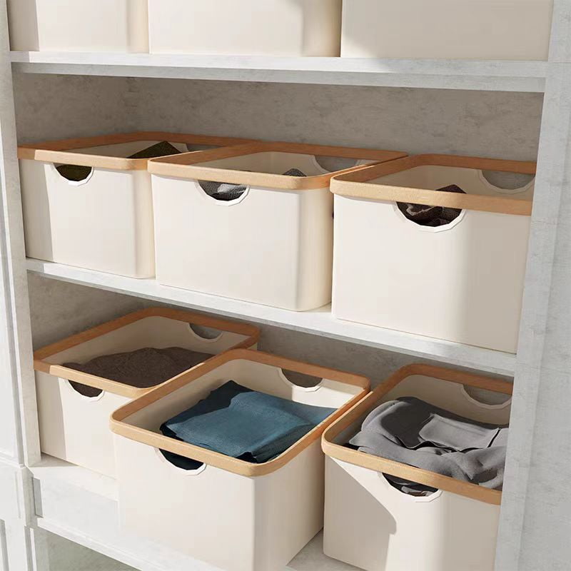 3 Pack 50L Collapsible Storage Bins with Bamboo Borders, Canvas Fabric Storage Cubes for Shelves, Closet & Toy Storage - Foldable Organizer Baskets, Large Fabric Cube Storage Bin Beige