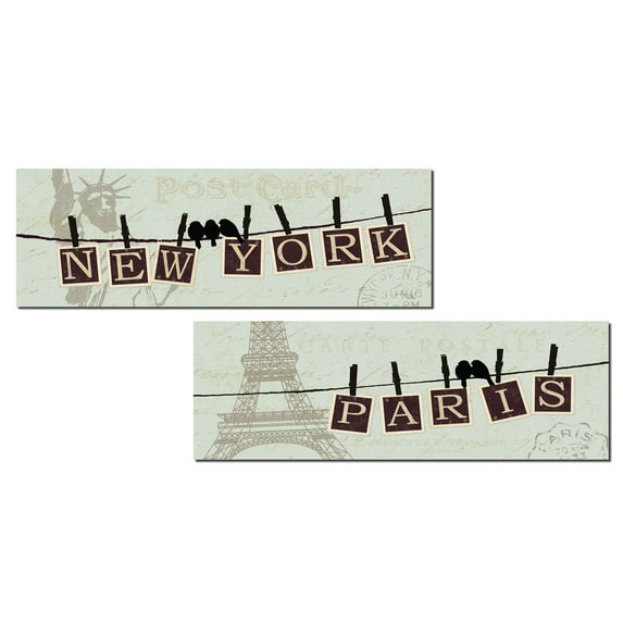 Migration | Lovely New York and Paris Birds On A Wire by Pela; Two 18x8in Poster Prints