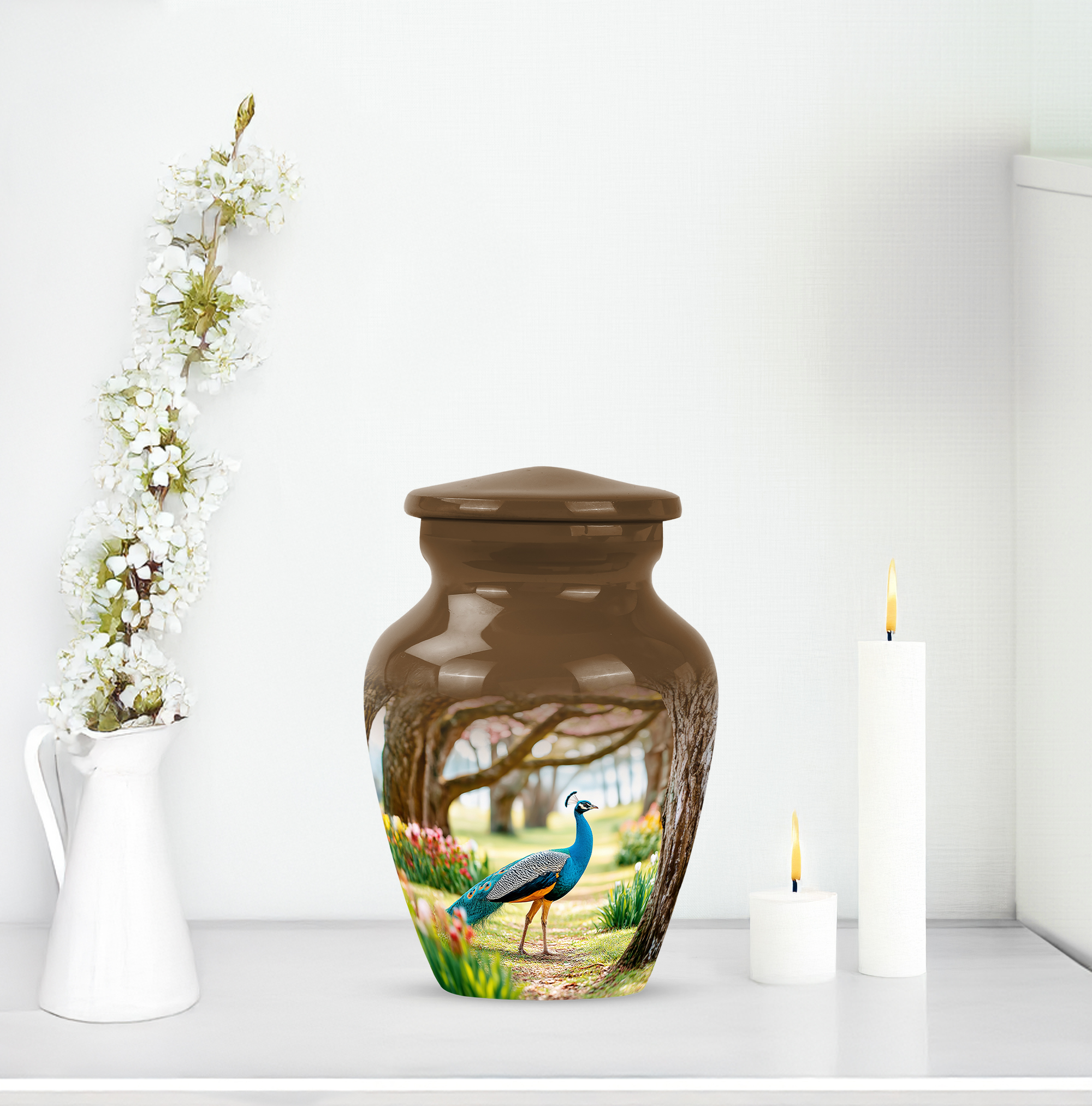 MUKTIVE Peacock Keepsake Urns for Human Ashes Adult Female 3 Inch, Colourful Flower Funeral Urn for Ashes Adult Male, Brown Cremains Ash Portable Urns