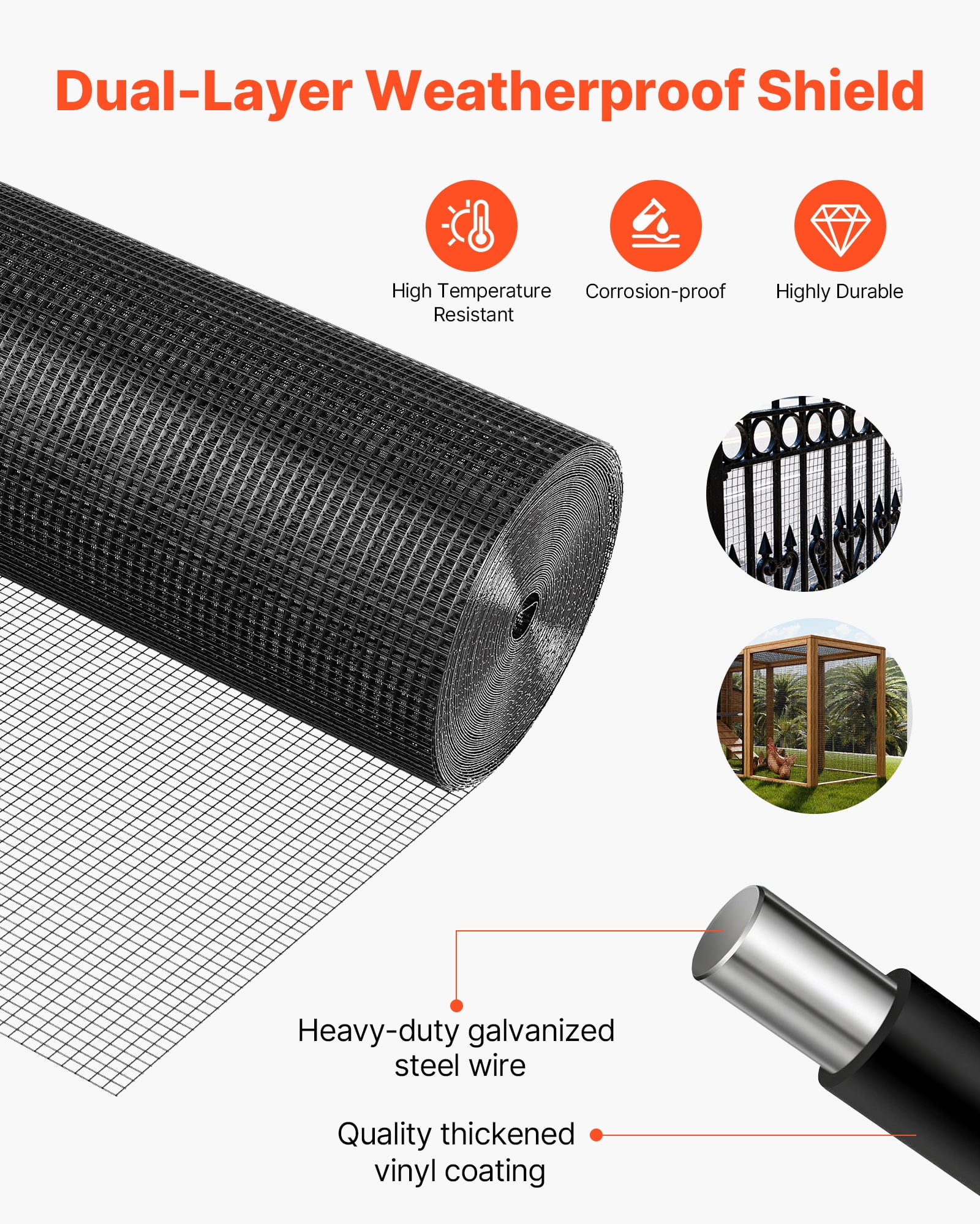 VEVOR Hardware Cloth 72 in x 100 ft, 1/2 in 19 Gauge Galvanized Wire Mesh Roll, Weather-Resistant Vinyl Coated Chicken Wire Fencing, Heavy Duty Welded Garden Plant Fencing for Rabbit Cage Snake Fence