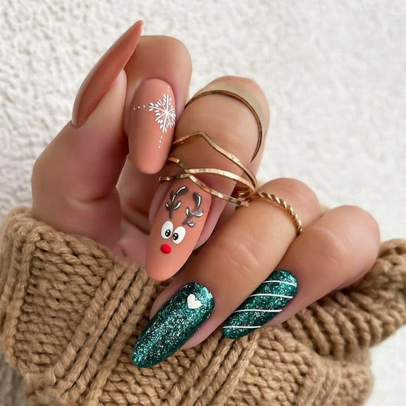 Christmas - themed Wearable Nail Art - Cross - border Almond - shaped Nails with Elk and Green Glitter, Detachable Nail Art Stickers