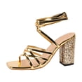 thumbnail image 5 of Rokment Womens Sparkly Metallic Block High Heels Mid Calf Strappy Dress Sandals for Bride Wedding Summer Fashion Casual Sexy Leather Open Square Toe Heeled Bridal Dressy Sandals Gold Size 6.5, 5 of 7