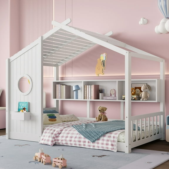 Noble House Twin Size Floor House Bed for Toddlers,Playhouse Bed with Built-in Storage Shelf and Roof Design,White