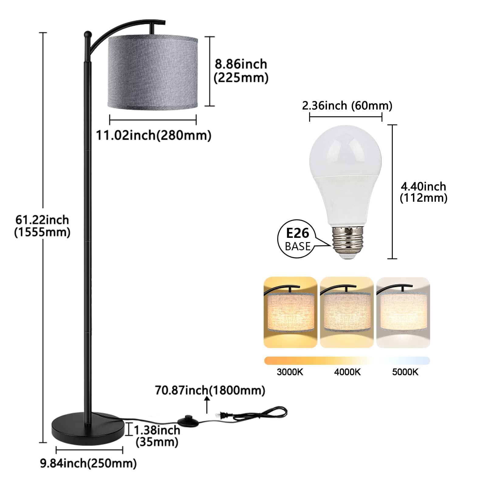 Floor Lamp With 3cct Led Bulb  Gray Linen Shade For Living Room Modern Standing Bedrooms - Black