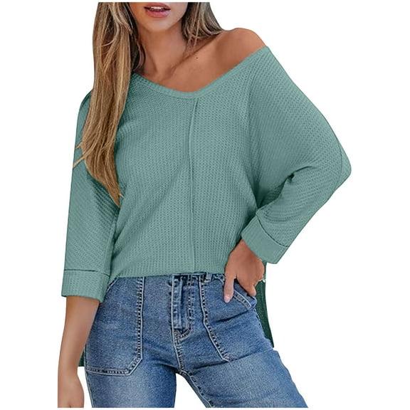 Women Tops under $5! Cagogo Womens 3/4 Length Sleeve Waffle Knit Tops Casual Summer Trendy Off The Shoulder T Shirts Loose Fit V Neck Tunic Tops Side Split Blouse Trendy Clothes