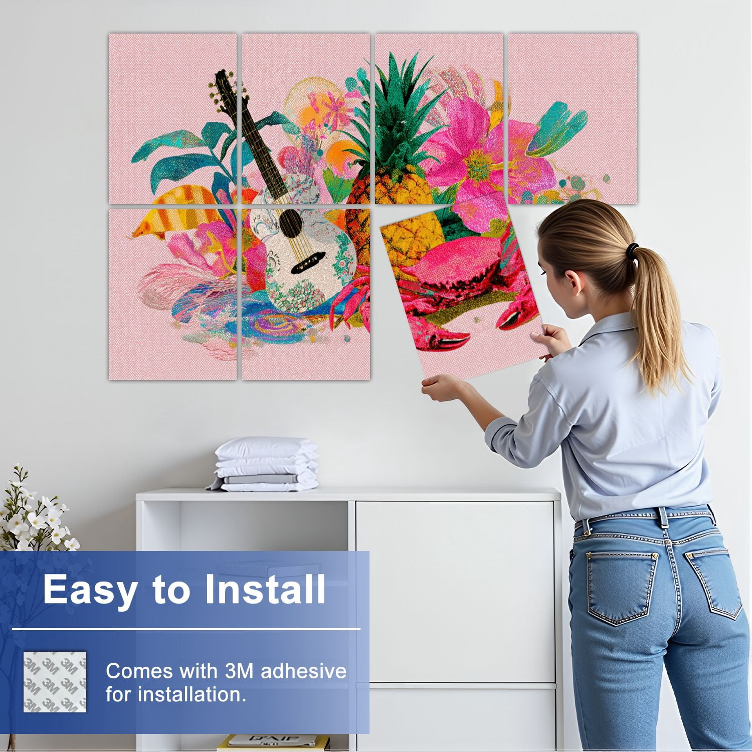 8 Pack Art Acoustic Panels Sound Absorbing Vacation Tropical Country Rustic Decor Figures Guitar Pineapple Crab Decorative Soundproof Wall Panels Self Adhesive for Nursery Game Room Bedroom 48"x32"