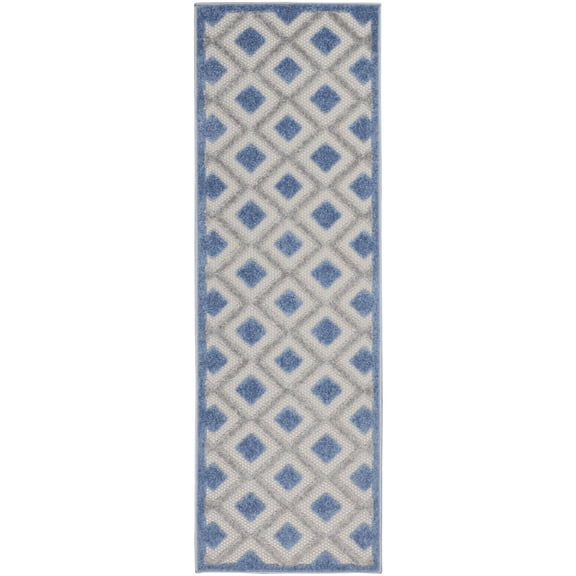 Nourison Aloha Modern Diamonds Flatweave High-Low Indoor Outdoor Runner Rug Blue/Grey 2' x 6'