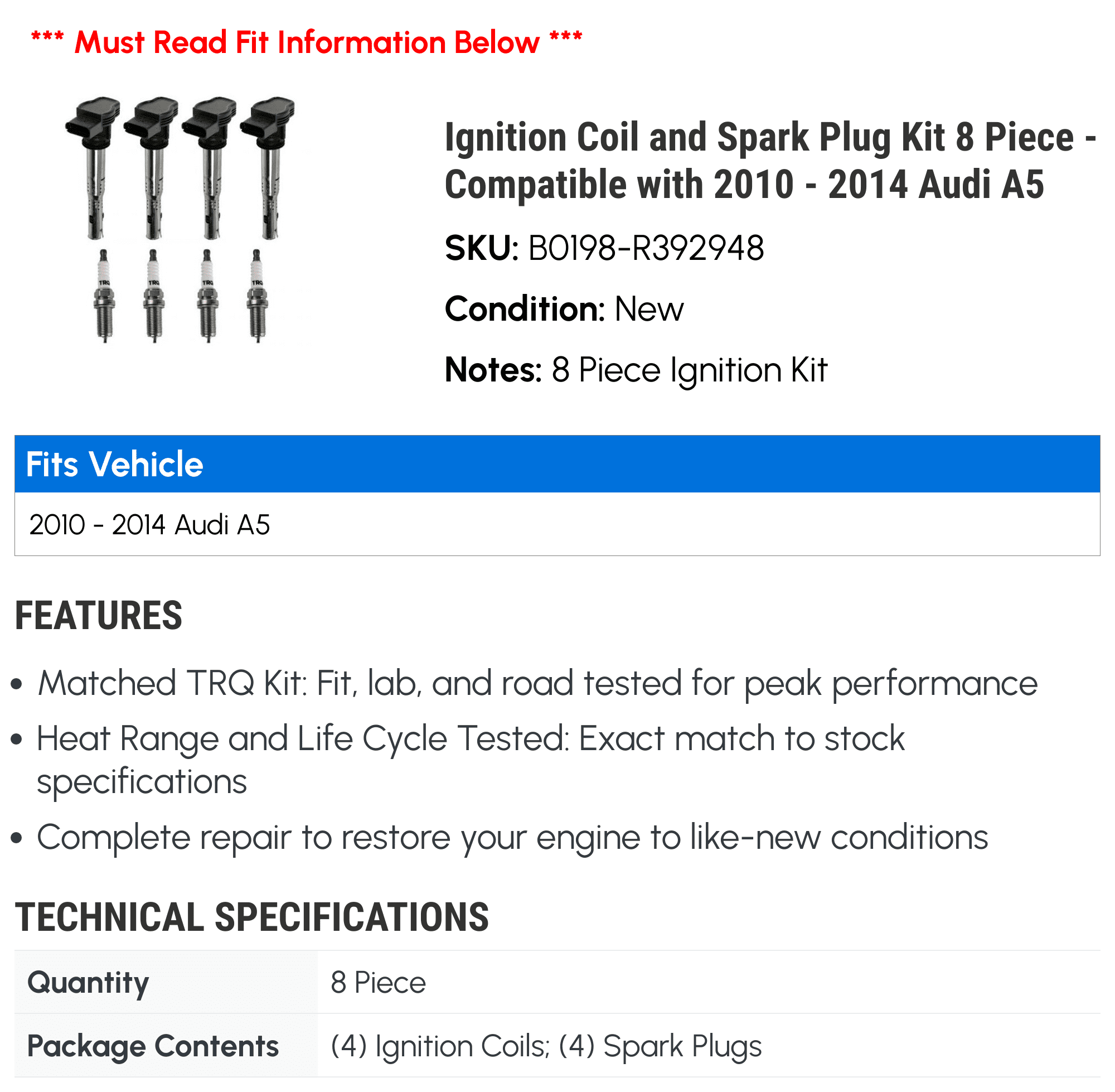 Ignition Coil and Spark Plug Kit 8 Piece - Compatible with 2010 - 2014 Audi A5 2011 2012 2013