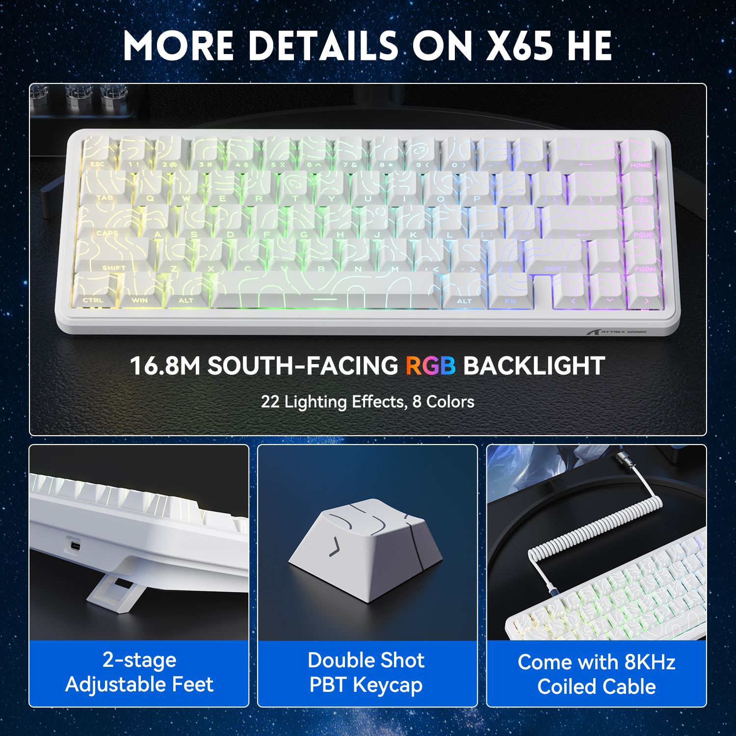 ATTACK SHARK X65 HE Rapid Trigger Keyboard, 0.01mm RT Accuracy, 8Khz 60% Wired Magnetic Switch Gaming Keyboard with 8Khz Coiled Cable, Adjustable Actuation, Snap Tap, for PC/Mac, White