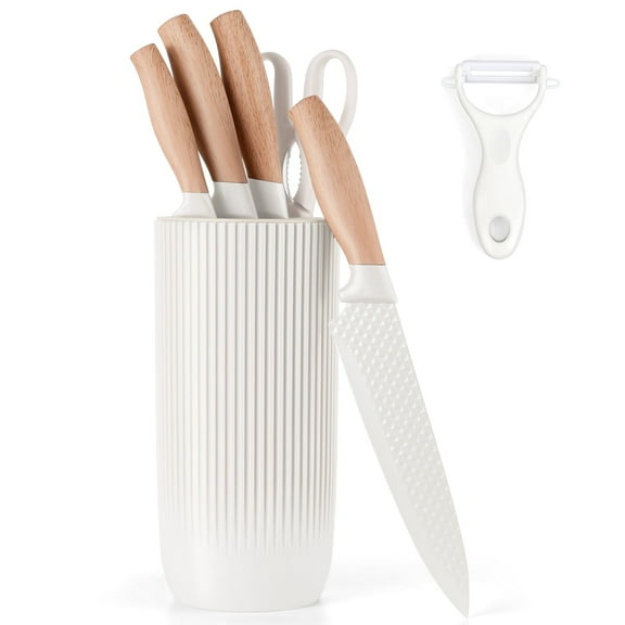 Vesteel Kitchen Knife Set of 7, Professional Stainless Steel Knives Set for Kitchen with Universal Knife Block - White