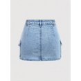 thumbnail image 2 of Womens Light Wash Blue Denim Mini Skirt With Cargo Flap Pockets, 2 of 30