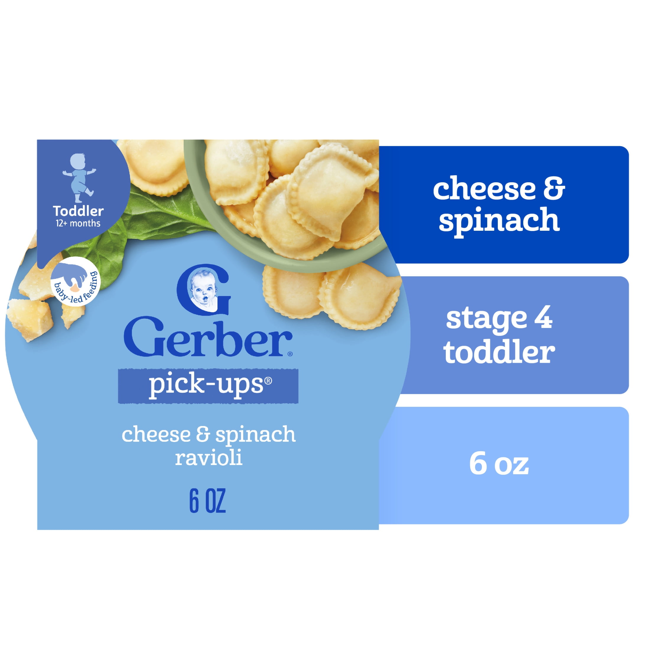 (8 pack) Gerber Mealtime for Toddler, Pick-Ups, Cheese & Spinach Ravioli, 6 oz Tray