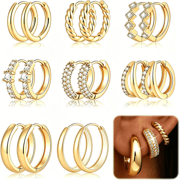 DESIGNICE 8 Pairs Gold Hoop Earrings Set for Women, 14K Gold Plated CZ Cartilage Earring for Multiple Piercing, Lightweight Hypoallergenic Small Hoop Stackable Jewelry Gift