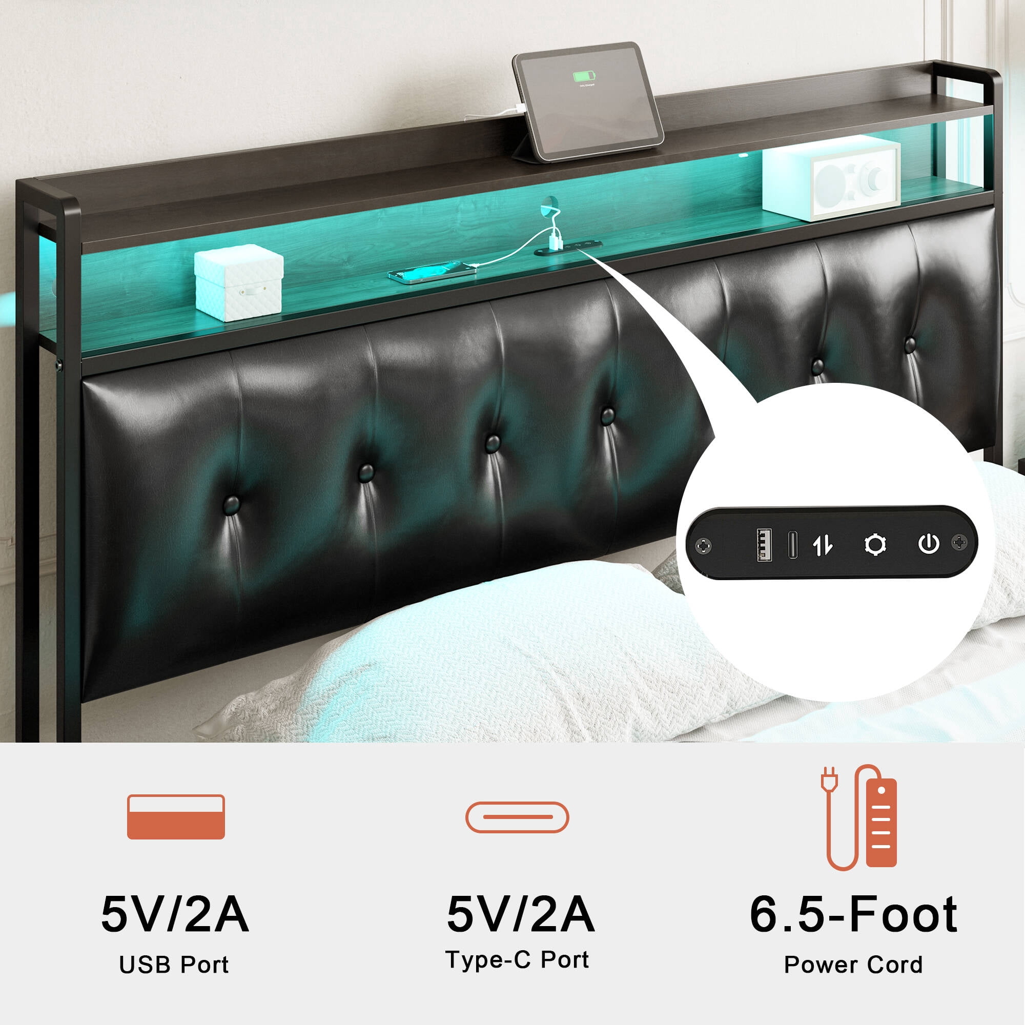GUNAITO Full Size Bed Frame with PU Leather Storage Headboard & Footboard Upholstered Platform Bed with LED Lights USB Ports & Outlets Black