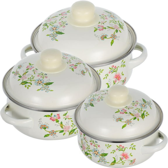 IBASETOY 3Pcs Decorative Beige Enamel Sauce Pan Set with Lids for Stovetop and Oven Use