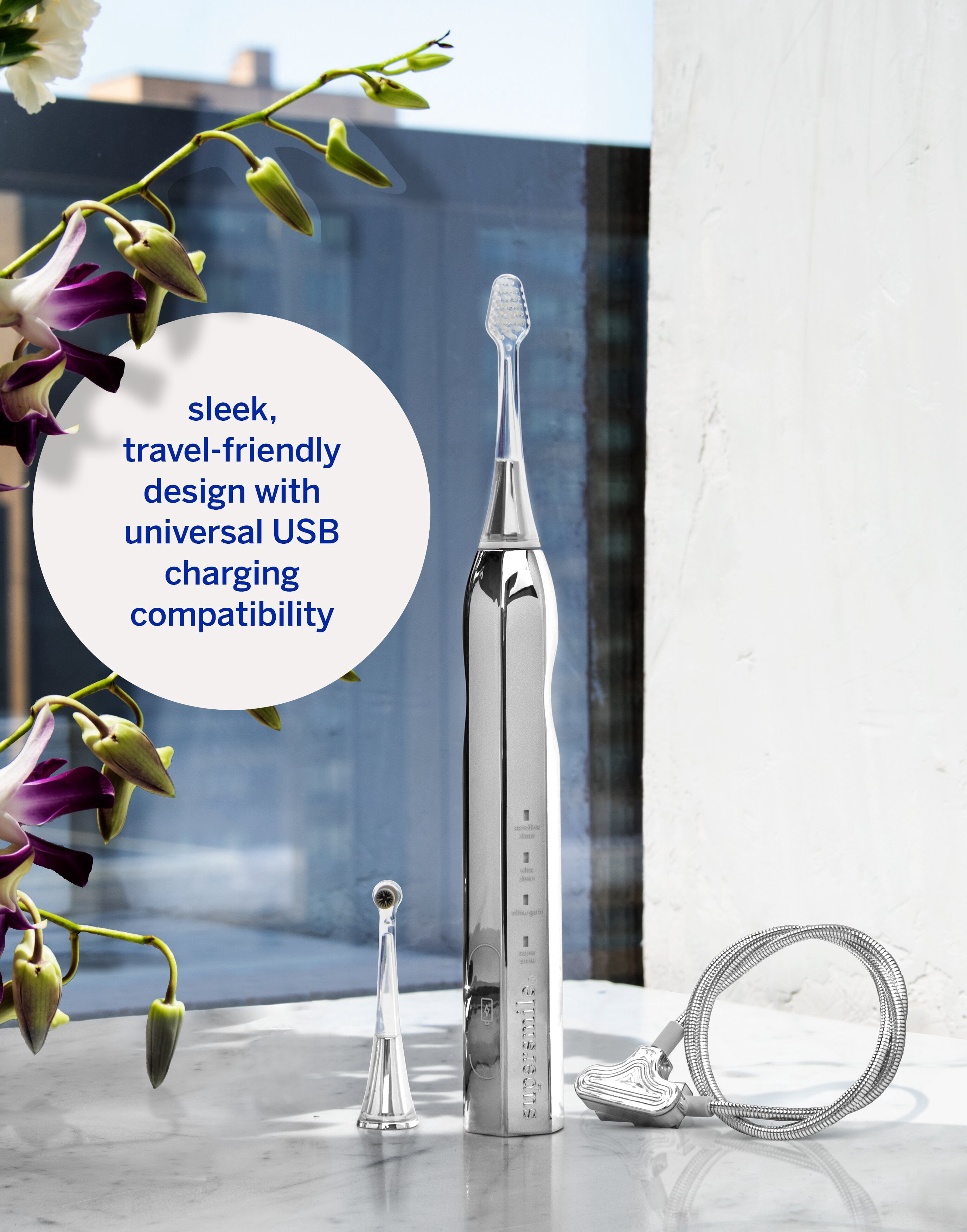 Supersmile Zina45 Sonic Pulse Electric Toothbrush - Rechargeable Whitening Toothbrush w/Polishing Head - 4 Cleaning Modes, Silver